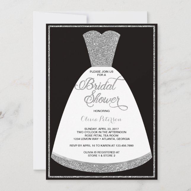 Invitación a ducha de novia, vestido, Purpurina fa (Anverso)