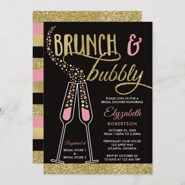 Invitación a ducha de novias brunch y bubbly, oro  (Anverso / Reverso)