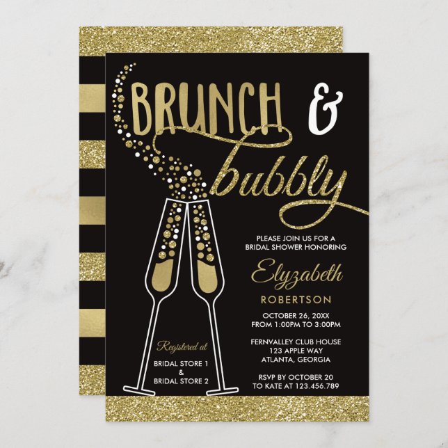 Invitación a ducha de novias brunch y bubbly, oro  (Anverso / Reverso)