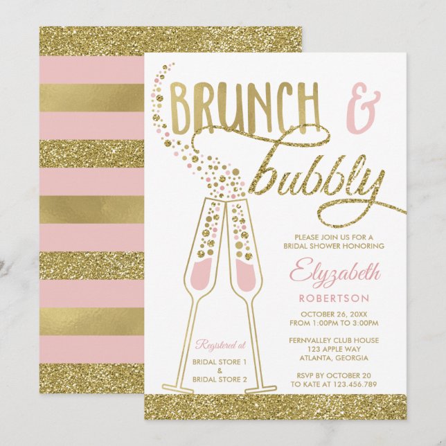 Invitación a ducha de novias brunch y bubbly, oro  (Anverso / Reverso)