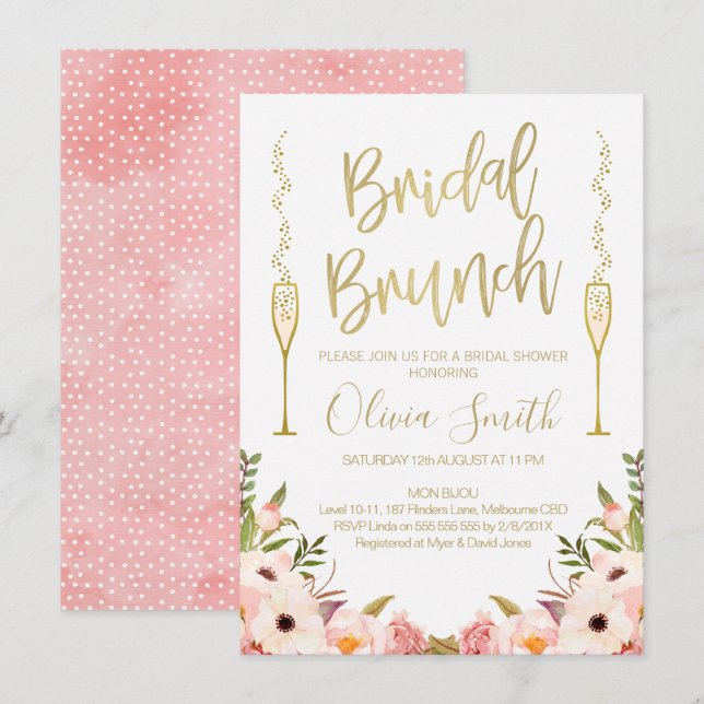 Invitación a ducha de novias con brunch rosa flora (Anverso / Reverso)