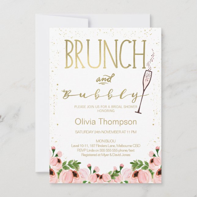 Invitación a ducha de novias con brunch rosa flora (Anverso)