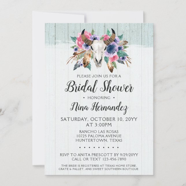 Invitación a ducha de novias con cráneo de vaca fl (Anverso)