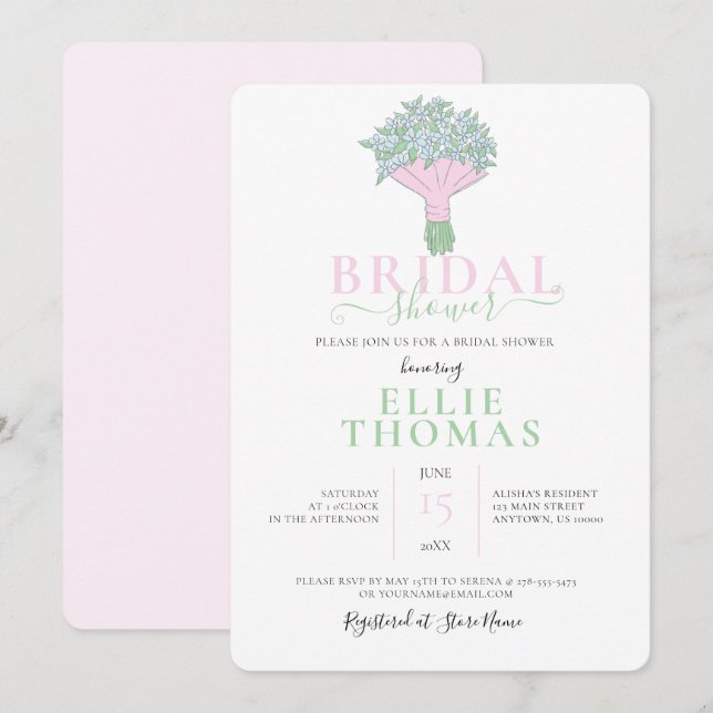 Invitación a ducha de novias con encanto rosa y ve (Anverso / Reverso)
