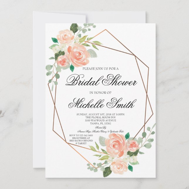 Invitación a ducha de novias con floral de melocot (Anverso)