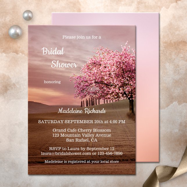 Invitación a ducha de novias con flores de flores  (Bridal shower invitation featuring a fantasy landscape painting with a blossoming cherry tree)