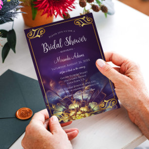 Invitación a ducha de novias con flores de oro y p
