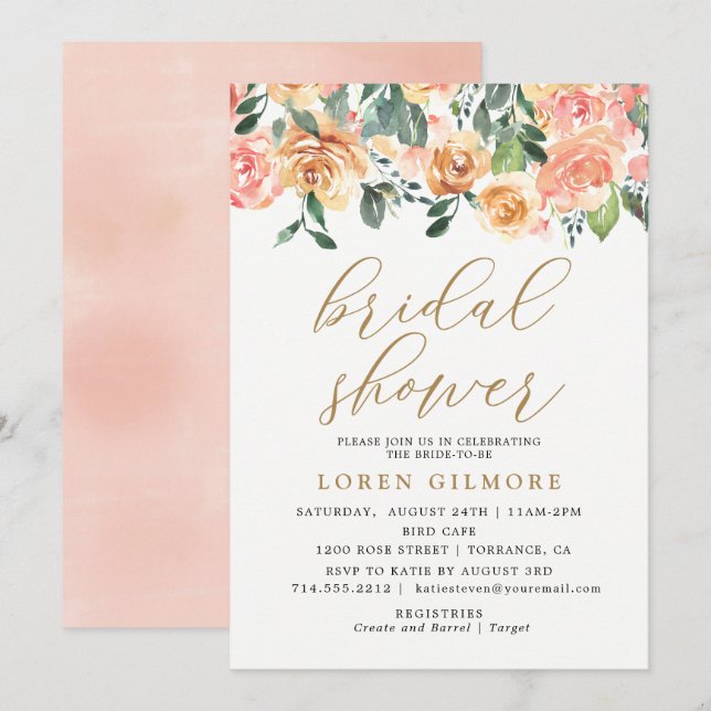 Invitación a ducha de novias con flores Gold Peach (Anverso / Reverso)