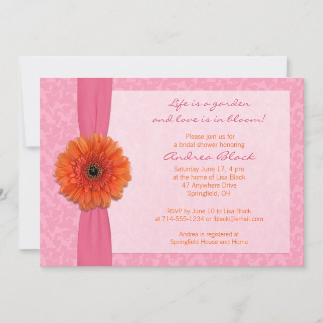 Invitación a ducha de novias con flores rosadas de (Anverso)