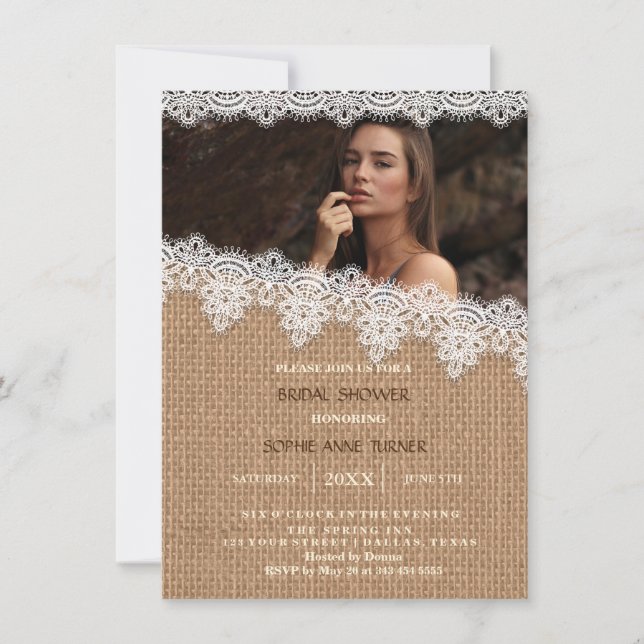 Invitación a ducha de novias con foto de Burlap La (Anverso)