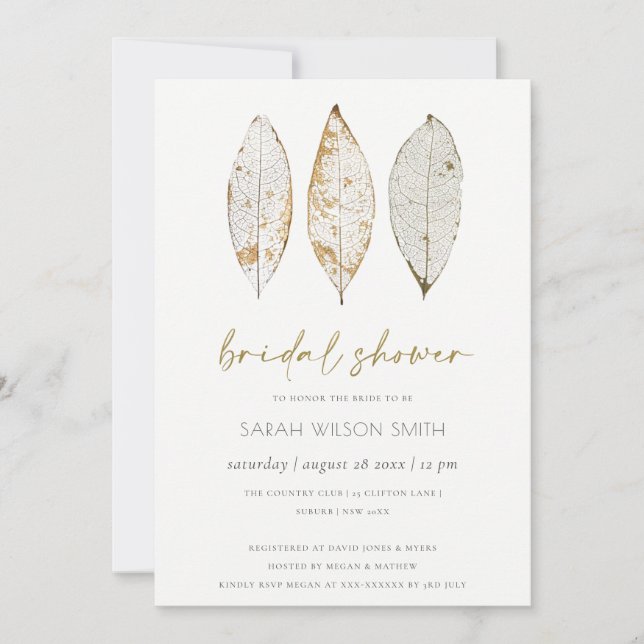 Invitación a ducha de novias con hoja de oro de ve (Anverso)
