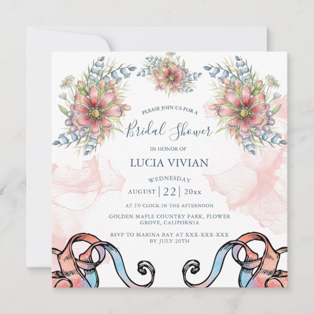 Invitación a ducha de novias con marea ancha rosa  (Anverso)