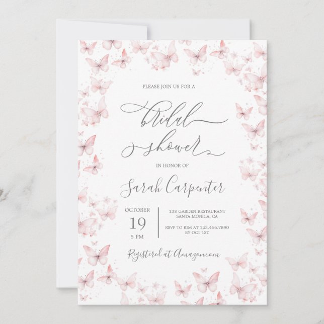 Invitación a ducha de novias con mariposas rosas (Anverso)