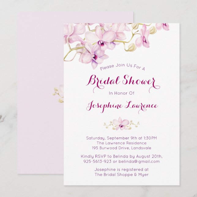 Invitación a ducha de novias con orquídeas púrpura (Anverso / Reverso)