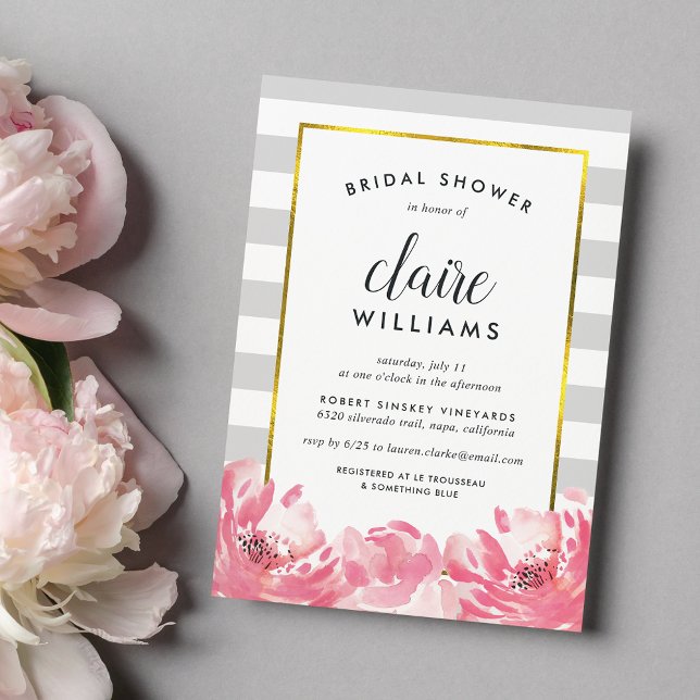 Invitación a ducha de novias con rayas grises y pe (Subido por el creador)