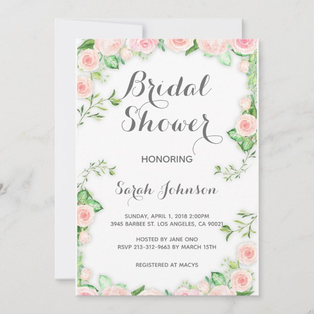 Invitación a ducha de novias con rosas rosadas (Anverso)