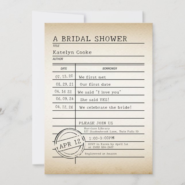 Invitación a ducha de novias con tarjeta de biblio (Anverso)