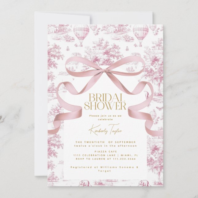 Invitación a ducha de novias con tela De Jouy Pink (Anverso)