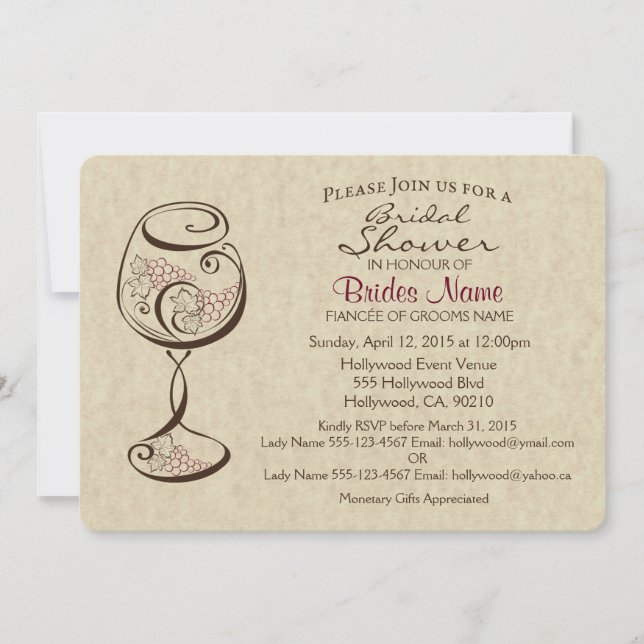 Invitación a ducha de novias con vino y queso (Anverso)
