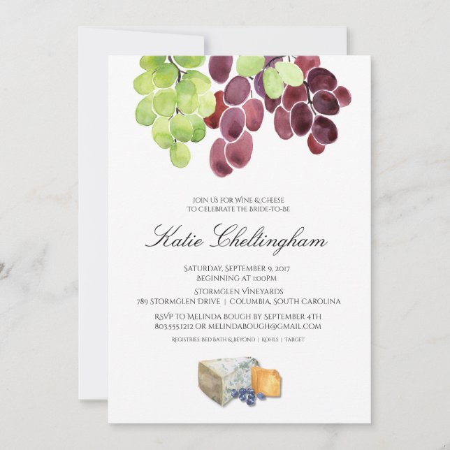 Invitación a ducha de novias con vino y queso 5x7 (Anverso)