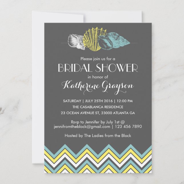 Invitación a ducha de novias de Chevron Grey Seash (Anverso)