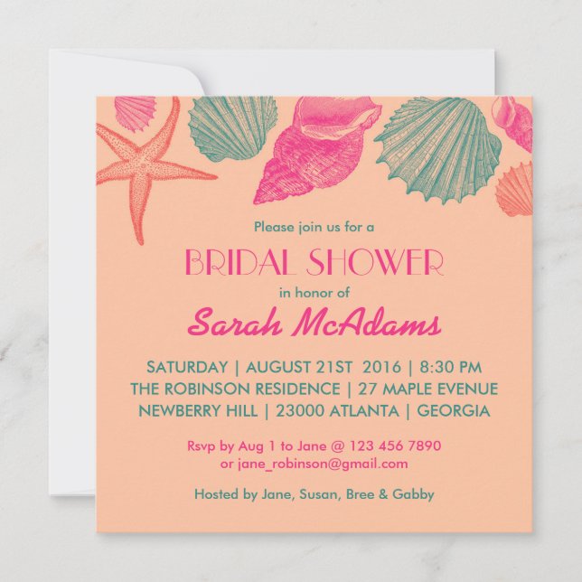 Invitación a ducha de novias de Coral Seashells Bo (Anverso)