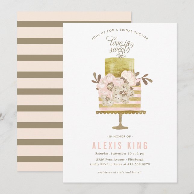 Invitación a ducha de novias de Couture Cake Gold (Anverso / Reverso)