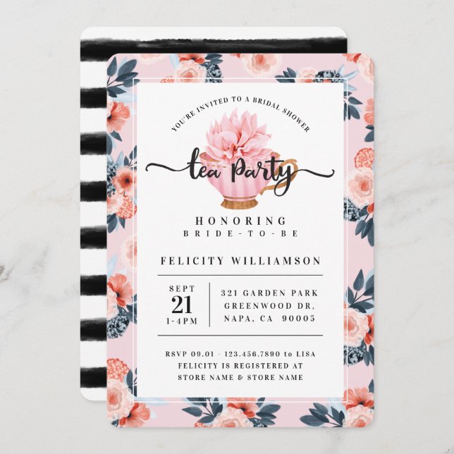 Invitación a ducha de novias de Fiesta de té rosad (Anverso / Reverso)