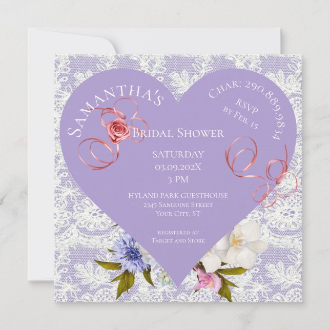 Invitación a ducha de novias de lavanda y encaje (Anverso)
