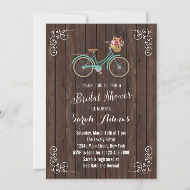 Invitación a ducha de novias de madera de biciclet (Anverso)