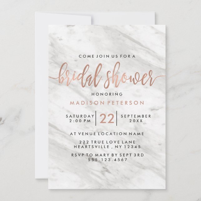 Invitación a ducha de novias de mármol blanco y Ro (Anverso)