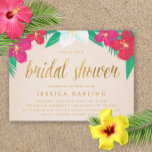 Invitación a ducha de novias de oro con flores tro<br><div class="desc">Hermosas flores tropicales rosas,  rojas y blancas se combinan con textos dorados en estas invitaciones tropicales de ducha de novias florales.</div>