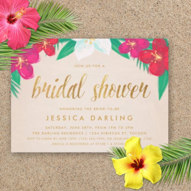 Invitación a ducha de novias de oro con flores tro (Bridal Shower Luau Party Invitation)