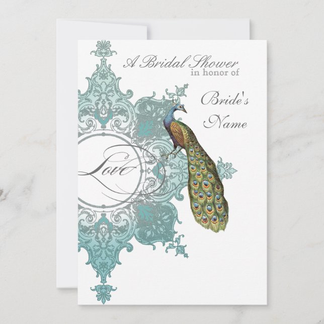 Invitación a ducha de novias de pavo real barroca  (Anverso)