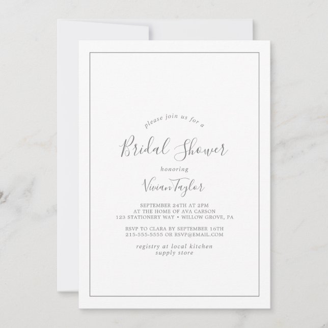 Invitación a ducha de novias de plata minimalista (Anverso)