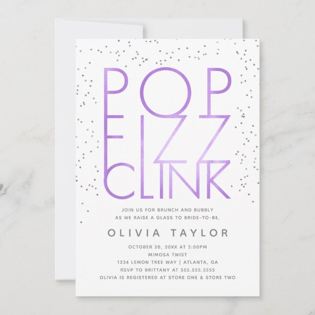 Invitación a ducha de novias de Pop Fizz Clink, pú (Anverso)
