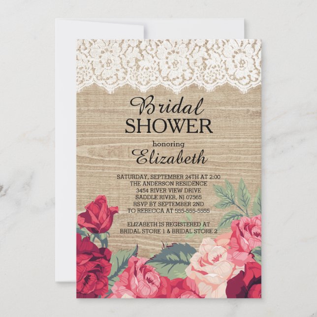 Invitación a ducha de novias de Rosas de encaje de (Anverso)