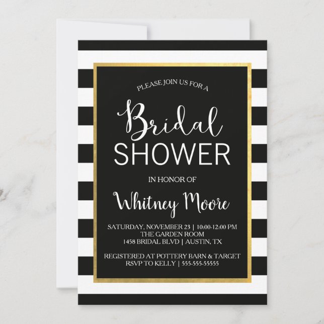 Invitación a ducha de novias en negro y oro (Anverso)