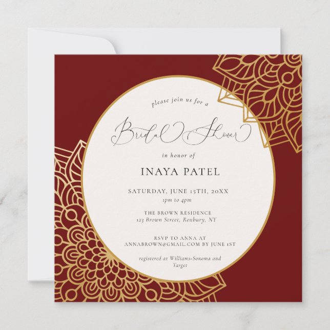 Invitación a ducha de novias en Red Gold Mandala (Anverso)