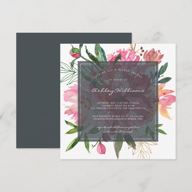 Invitación a ducha de novias florales con peones r (Anverso / Reverso)