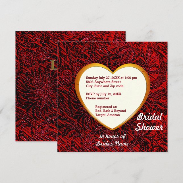 Invitación a ducha de novias Gold Heart & Red Fabr (Anverso / Reverso)