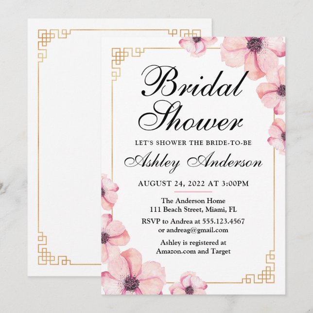 Invitación a ducha de novias japonesa con flores d (Anverso / Reverso)