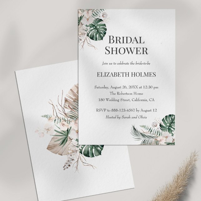 Invitación a ducha de novias por orquídeas tropica (Tropical Orchid Monstera Bridal Shower Invitation on white background)