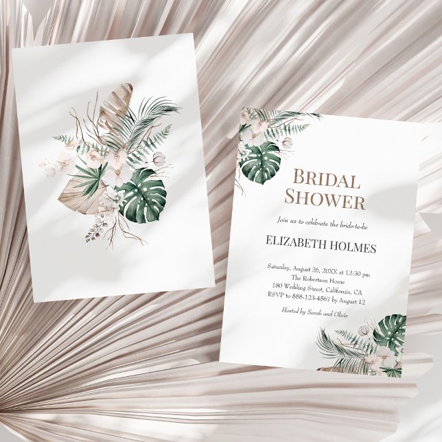 Invitación a ducha de novias por orquídeas tropica (Tropical Orchid Monstera Bridal Shower Invitation on a sunny neutral dry palm leaf.)