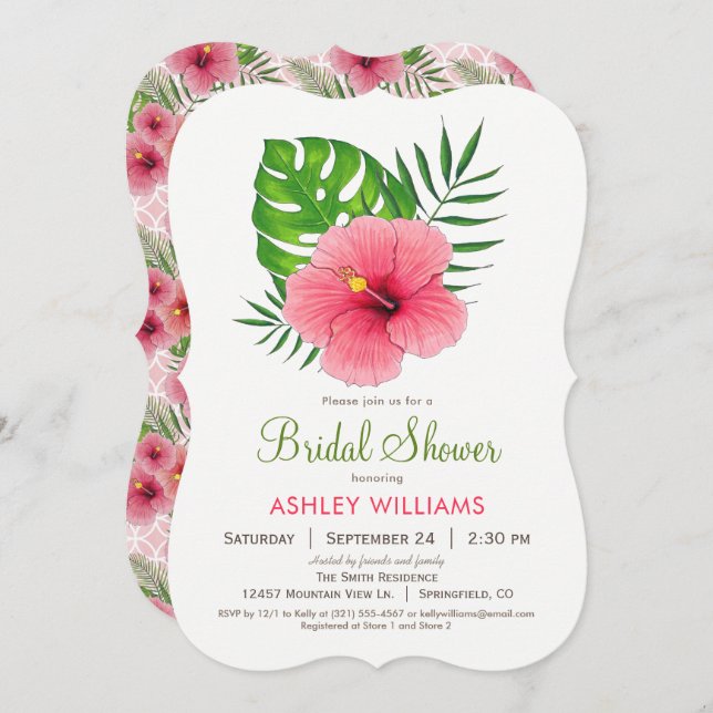 Invitación a ducha de novias rosada Hibiscus Flowe (Anverso / Reverso)