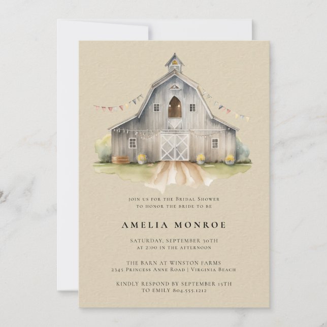 Invitación a ducha de novias rústica en un granero (Anverso)