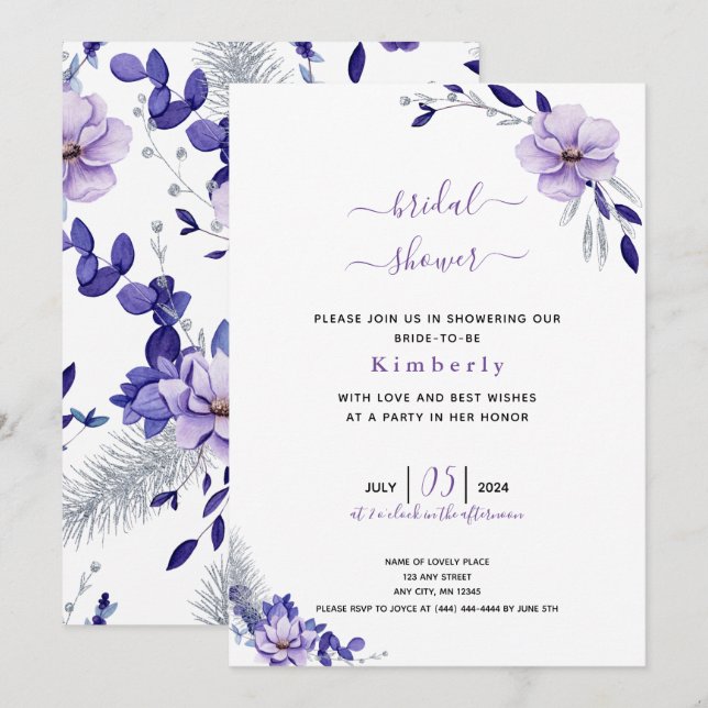 Invitación a ducha de novias violeta con lavanda y (Anverso / Reverso)