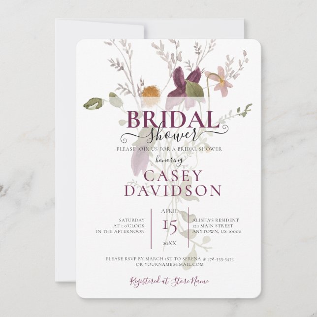 Invitación a ducha de novias violeta de flores sal (Anverso)