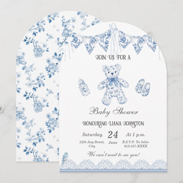 Invitación a ducha de oso-bebé azul francés (Anverso / Reverso)