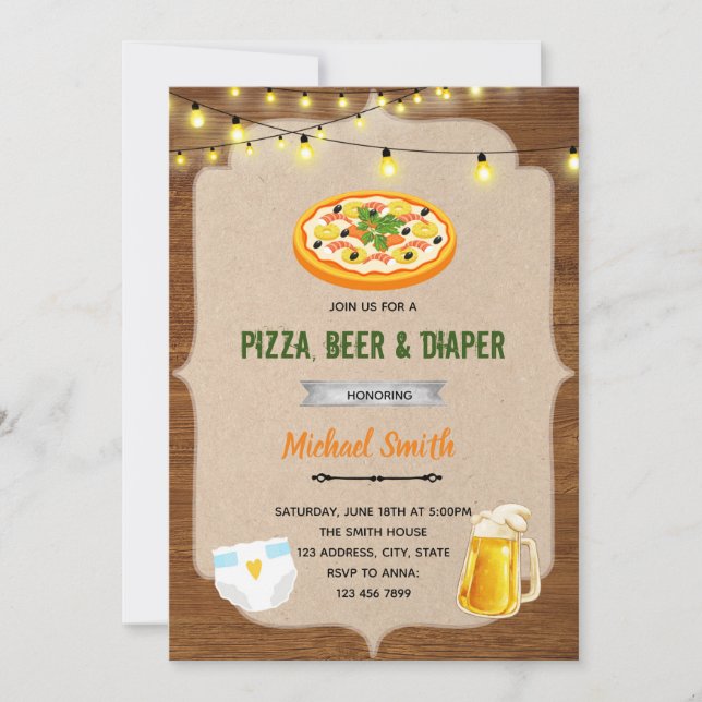 Invitación a ducha de pañales de cerveza pizza (Anverso)
